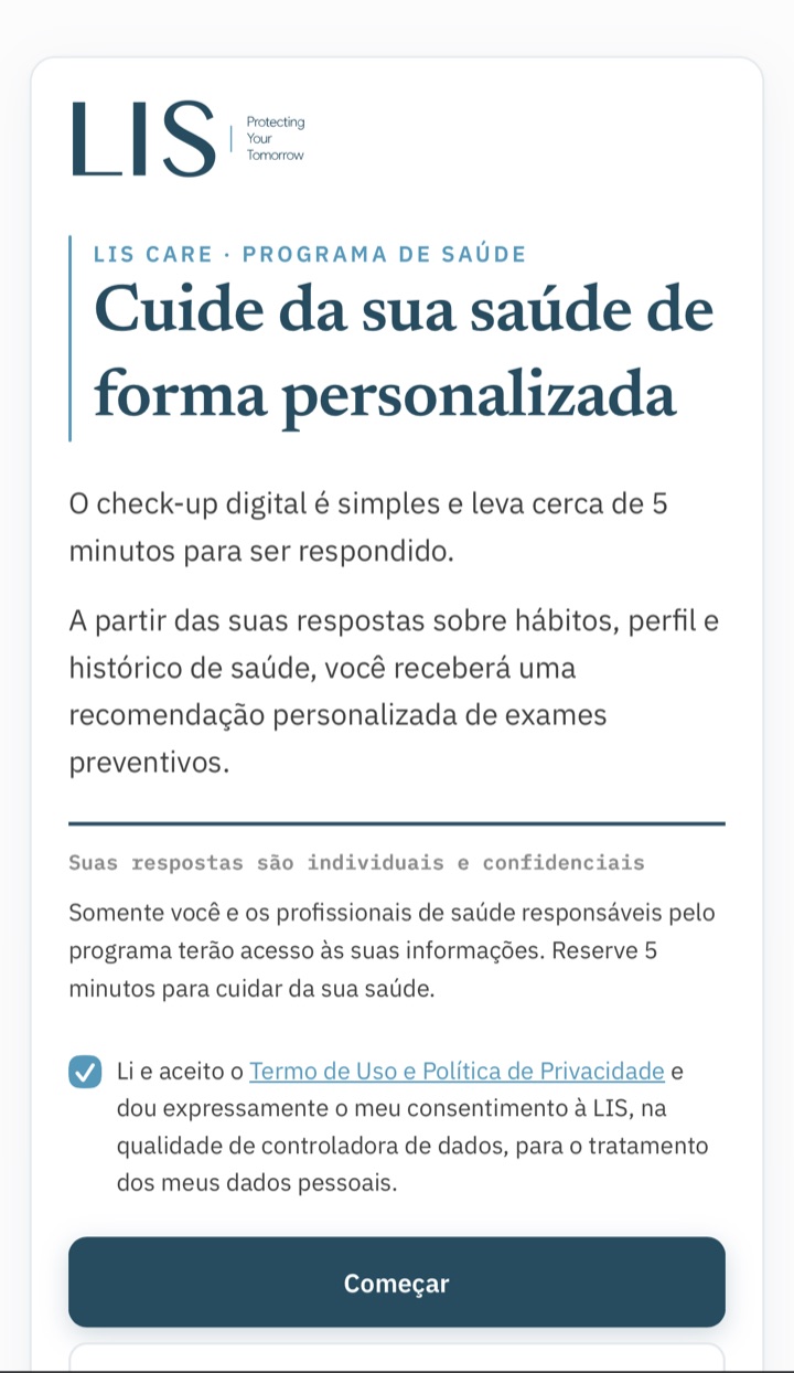 Check-Up Digital: início do questionário de saúde